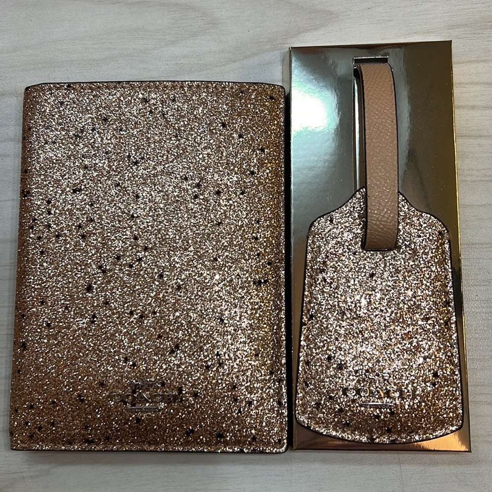 Coach Travel Set Passport Luggage Cards Holder Tag Glitter Midnight Rose Brand
